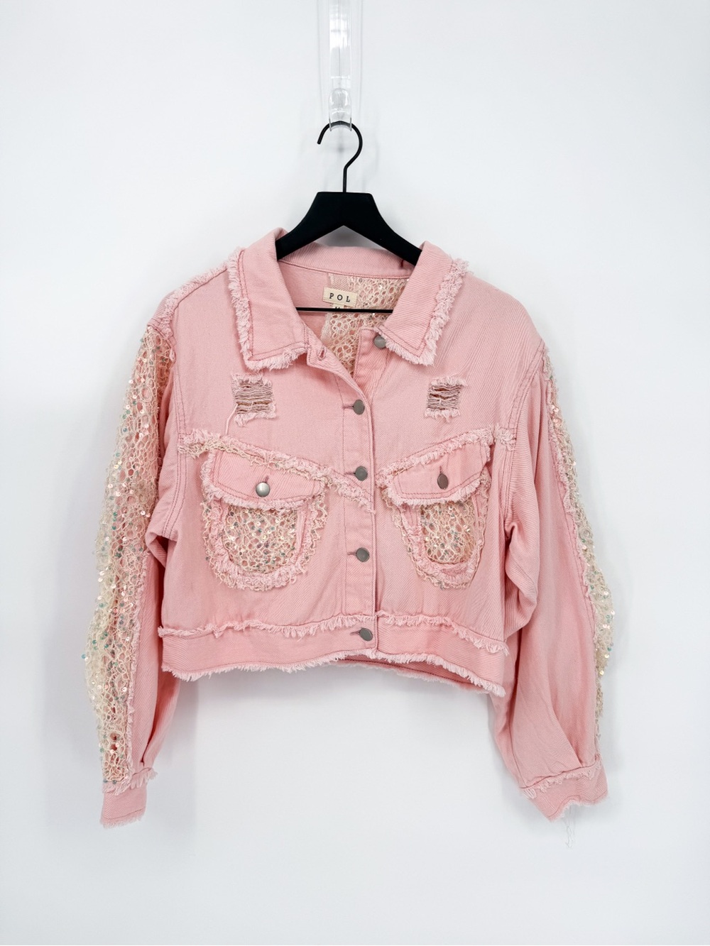 POL Distressed Pink Cropped Denim Jacket with Sequin Lace Panels Medium